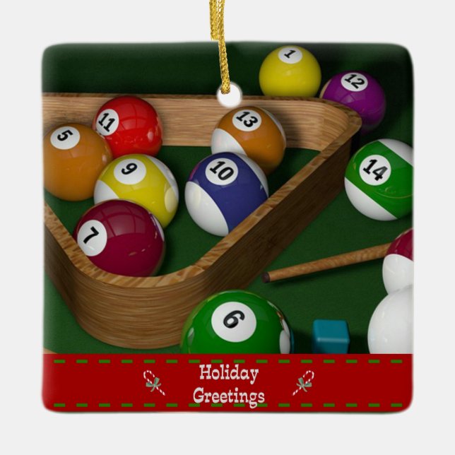 "Rack 'em up," Billardspiel Keramikornament (Vorderseite)