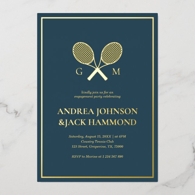 Rackets Monogram Tennis Player Verlobung Real Folieneinladung (Vorderseite)