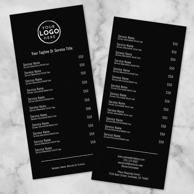 Rackkarte für Elegante Schwarz-weiß Services Werbekarte (Elegant Black White Services Menu Rack Card )