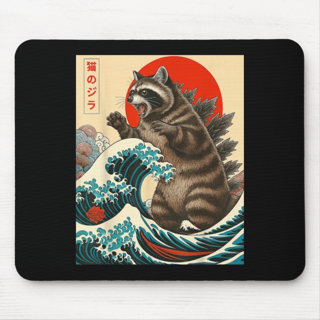 Raconzilla Raccoon Japanische Kunst Mousepad (Vorne)