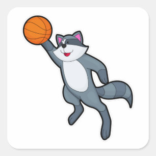Racoon als Basketballspieler mit Basketball Quadratischer Aufkleber