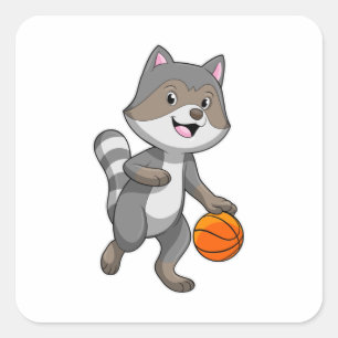 Racoon als Basketballspieler mit Basketball Quadratischer Aufkleber