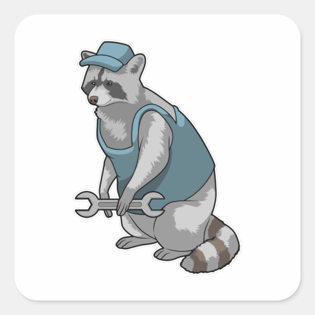 Racoon als Handwerker mit Wrench Quadratischer Aufkleber (Vorderseite)