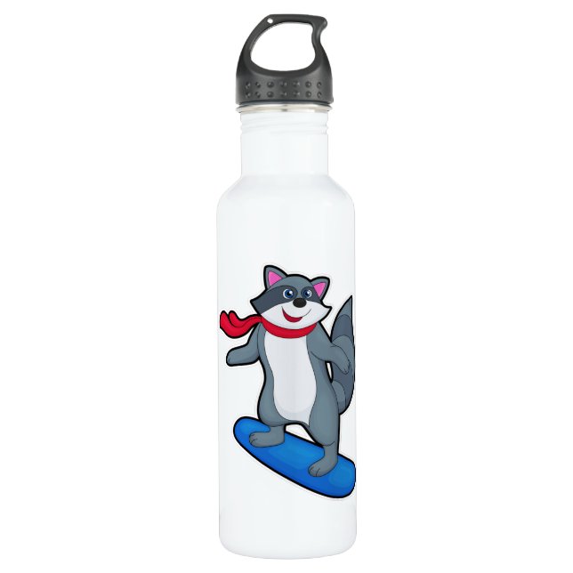 Racoon als Snowboarder mit Snowboard & Scarf Edelstahlflasche (Vorderseite)