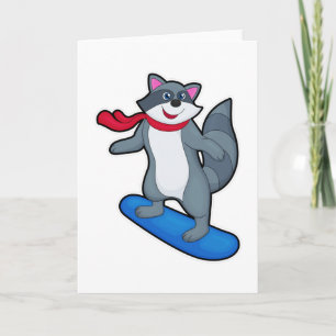 Racoon als Snowboarder mit Snowboard & Scarf Karte