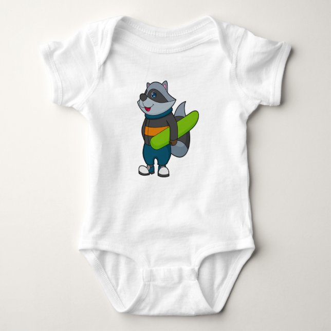 Racoon as Snowboarder with Snowboard Baby Strampler (Vorderseite)