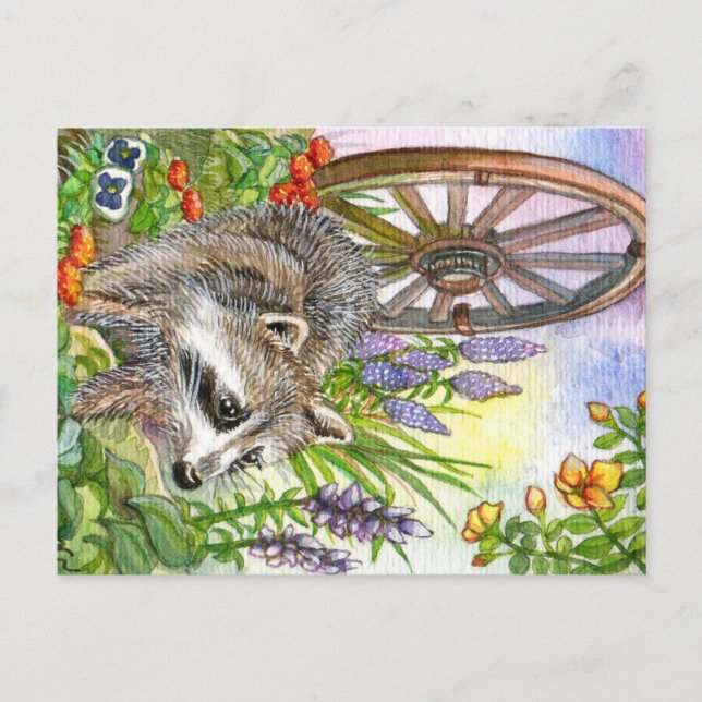 Racoon by Flower Garden Postkarte (Vorderseite)