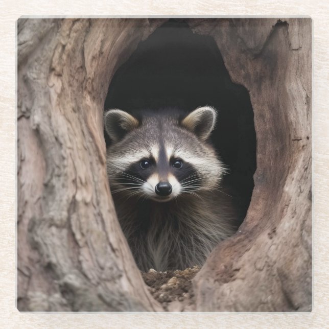Racoon in der Baumhöhle Glasuntersetzer (Vorderseite)