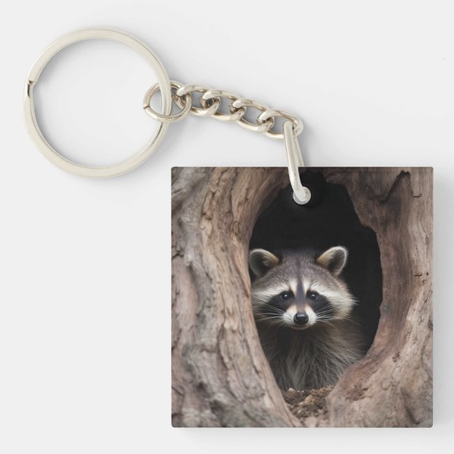 Racoon in der Baumhöhle Schlüsselanhänger (Vorderseite)