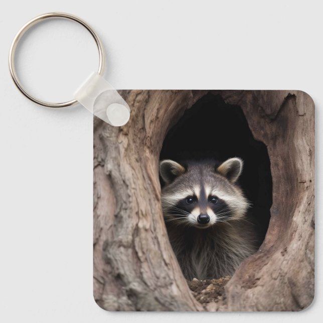 Racoon in der Baumhöhle Schlüsselanhänger (Vorderseite)