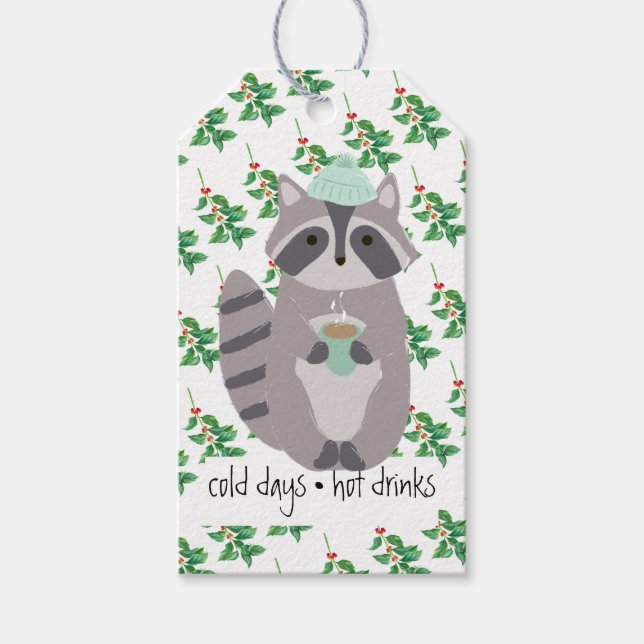 Racoon mit heißem Getränk Geschenkanhänger (Vorderseite)