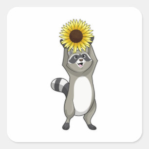 Racoon mit Sonnenblume Quadratischer Aufkleber