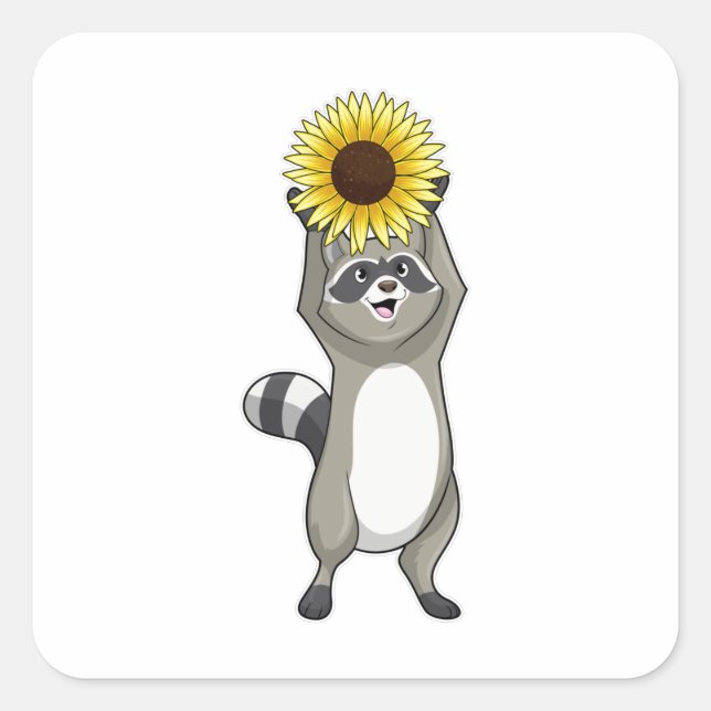 Racoon mit Sonnenblume Quadratischer Aufkleber (Vorderseite)