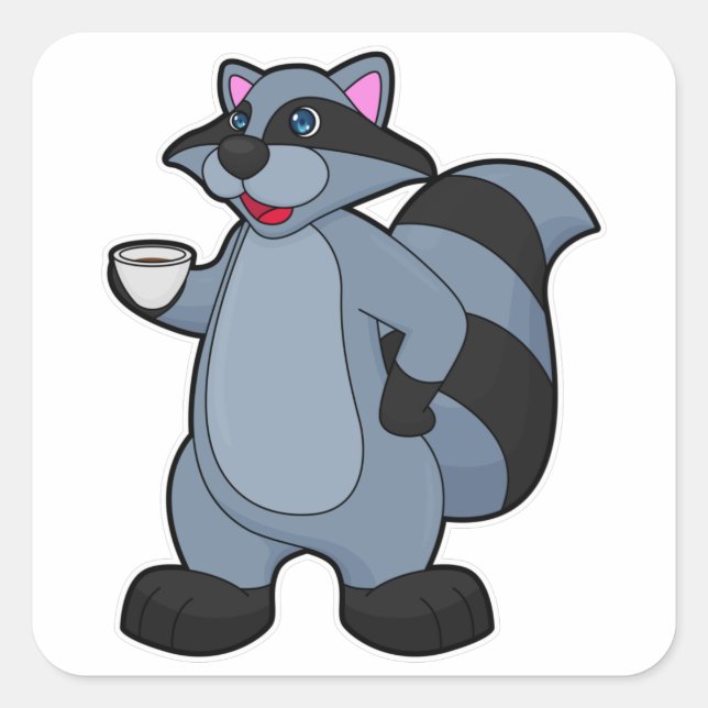 Racoon mit Tasse Kaffee Quadratischer Aufkleber (Vorderseite)