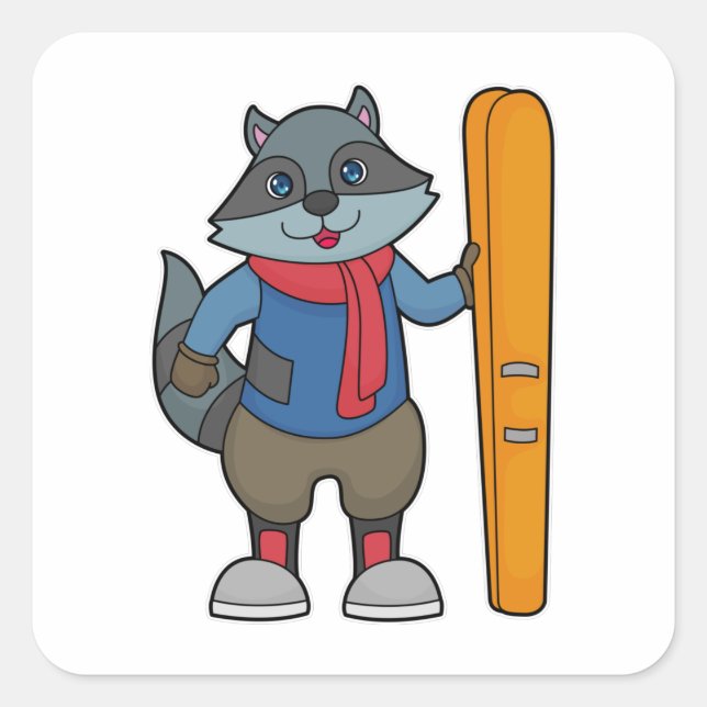 Racoon Skier Ski Quadratischer Aufkleber (Vorderseite)