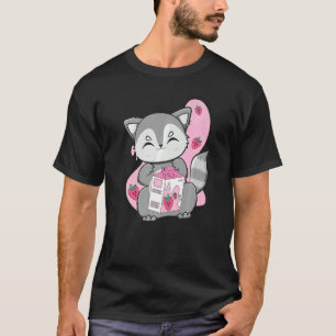 Racoon trinkt Bubble Tee und Boba mit Erdbeere