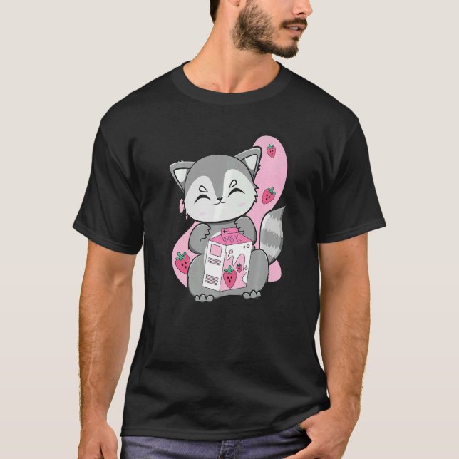 Racoon trinkt Bubble Tee und Boba mit Erdbeere (Vorderseite)