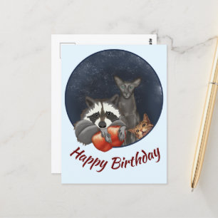 Racoon und Katzen mit Äpfeln Happy Birthday Postkarte
