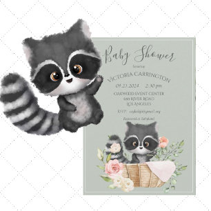 Racoon Watercolor Sage Green Baby Dusche Einladung