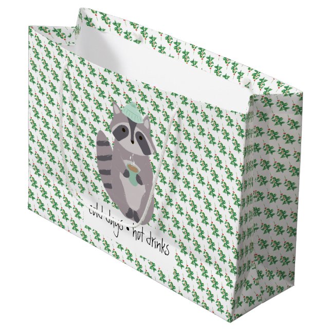 Racoon With A Hot Drink Große Geschenktüte (Vorderseite Schrägansicht)