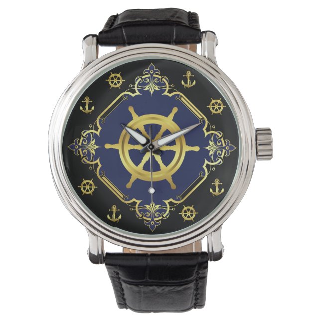 Rad/Anker des Schiffes /Gold/Schwarz/Marine Armbanduhr (Vorderseite)