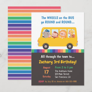 Räder auf dem Bus-Niedliche Tiere-Kindergeburtstag Einladung