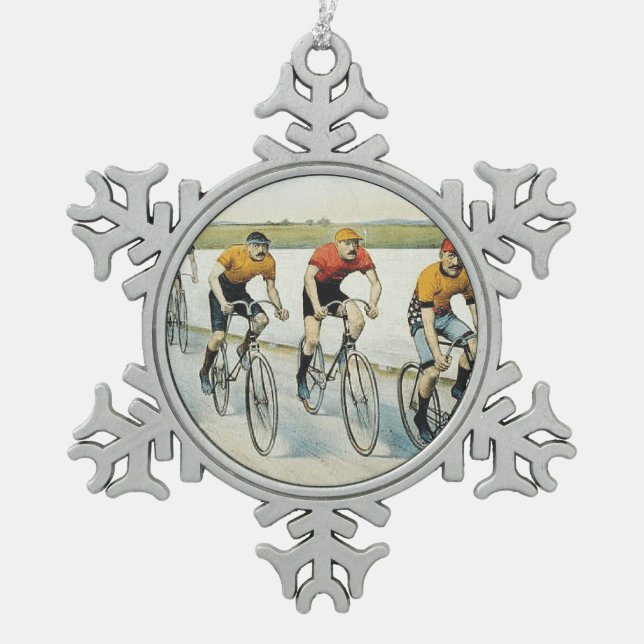 Radfahrende alte Spitzenschule Schneeflocken Zinn-Ornament (Vorderseite)
