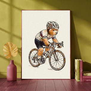 Radfahrender Teddybär-Radsportler-Tier-Sport-Kinde Poster