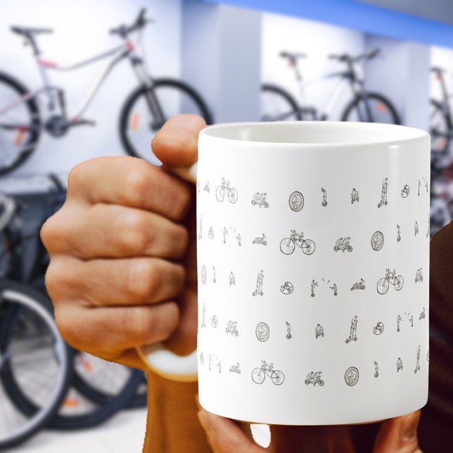 Radfahrer an der sonnigen Bicycles Line Zeichnend  Kaffeetasse (Fun cycling on bicycles black and white line art mug gift for cyclists)