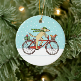 Radfahrer Hund und Eichhörnchen Whimsical Winterur Keramikornament