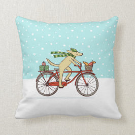 Radfahrer Hund und Eichhörnchen Winterurlaub Kissen