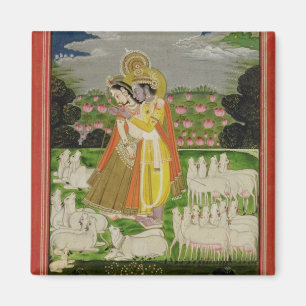 Radha and Krishna embrace in an idealised landscap Magnet