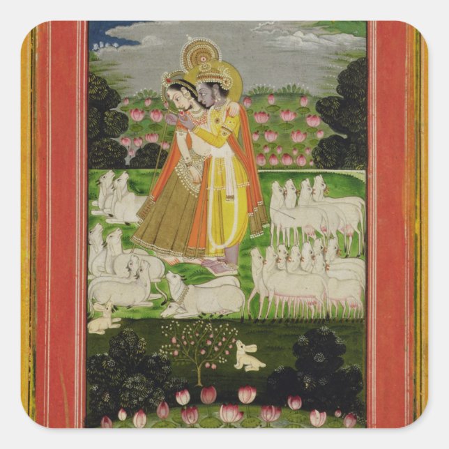 Radha and Krishna embrace in an idealised landscap Quadratischer Aufkleber (Vorderseite)