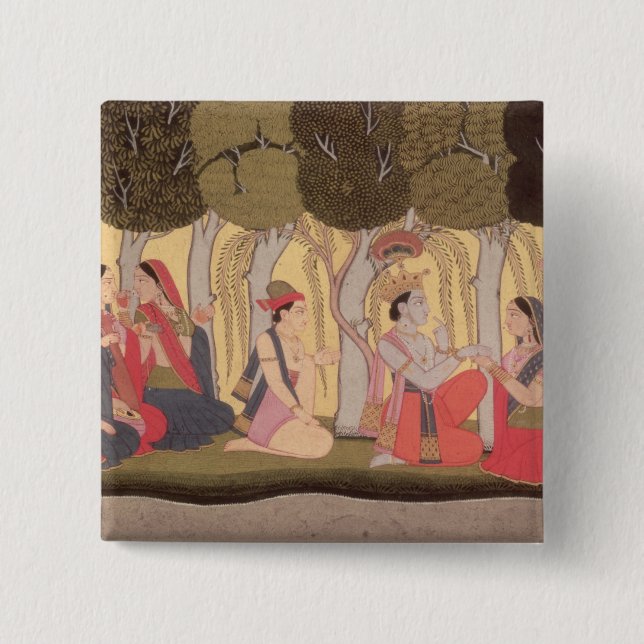 Radha und Krishna gesetzt in einer Waldung, Kulu Button (Vorderseite)
