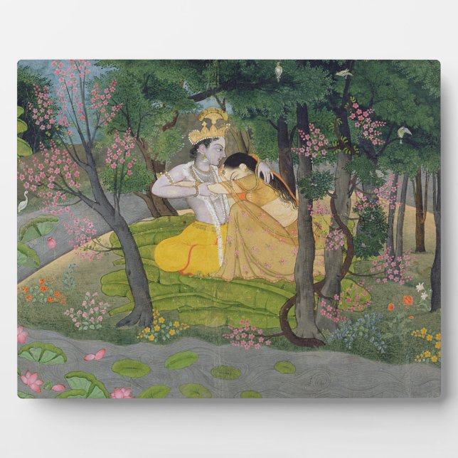 Radha und Krishna umarmen in einem blühenden Hain Fotoplatte (Vorderseite)