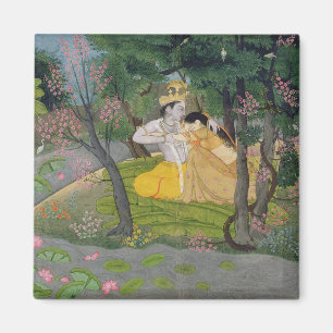 Radha und Krishna umarmen in einem blühenden Hain Magnet