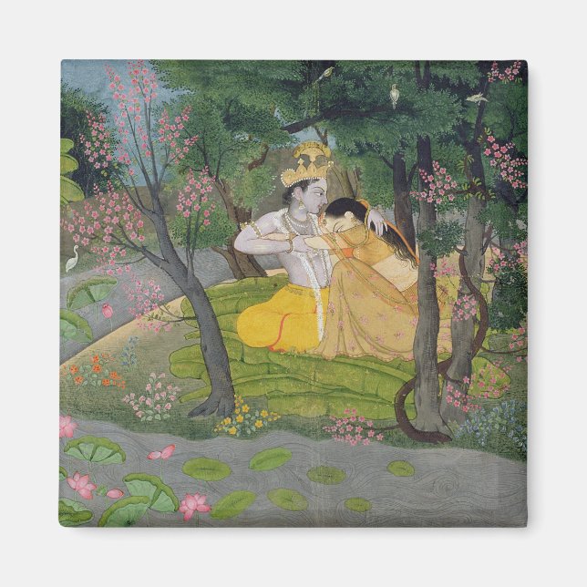 Radha und Krishna umarmen in einem blühenden Hain Magnet (Vorne)