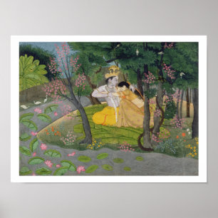 Radha und Krishna umarmen in einem blühenden Hain Poster