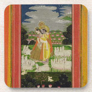 Radha und Krishna Umarmung in einem idealisierten Getränkeuntersetzer