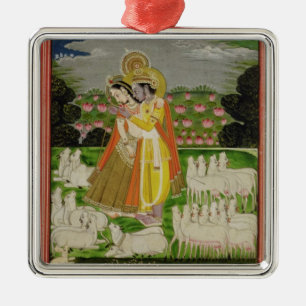 Radha und Krishna Umarmung in einem idealisierten Ornament Aus Metall