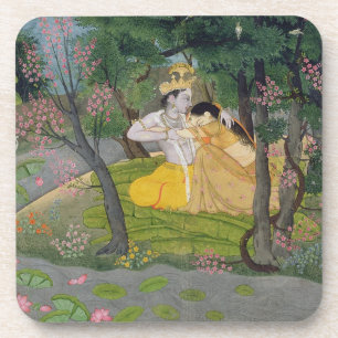 Radha und Krishna Umarmung in einer Waldung des Untersetzer