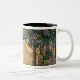 Radha und Krishna Umarmung in einer Waldung des Zweifarbige Tasse