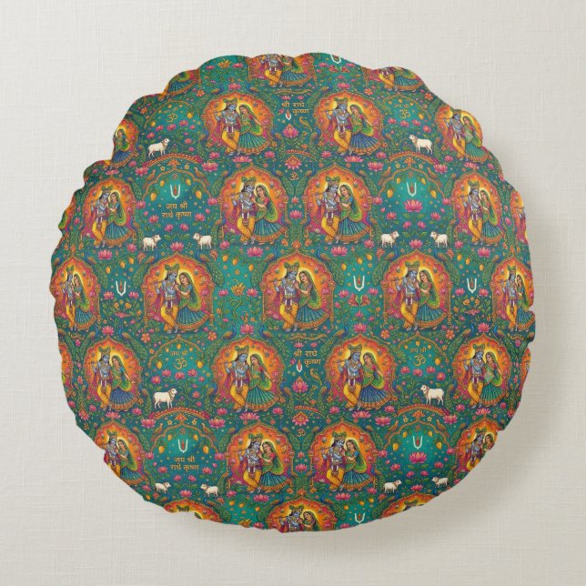 Radhe Krishna Muster Rundes Kissen (Vorderseite)