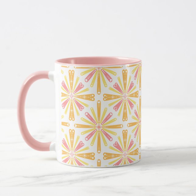 Radial Heart Sunburst Pattern Pink Gelb Tasse (Links)