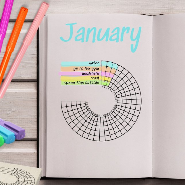 Radial Monthly Habit Tracker Journal-Briefmarke Gummistempel (Monthly radial habit tracker journal stamp to record daily goals. )