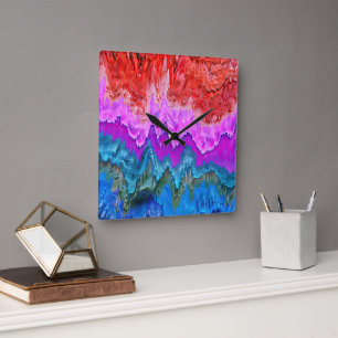 "Radiale Reflektion" Farbenfrohe Abstrakte Kunst Quadratische Wanduhr