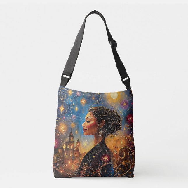 Radiant African American Woman Starry Sky Tragetaschen Mit Langen Trägern (Vorderseite)