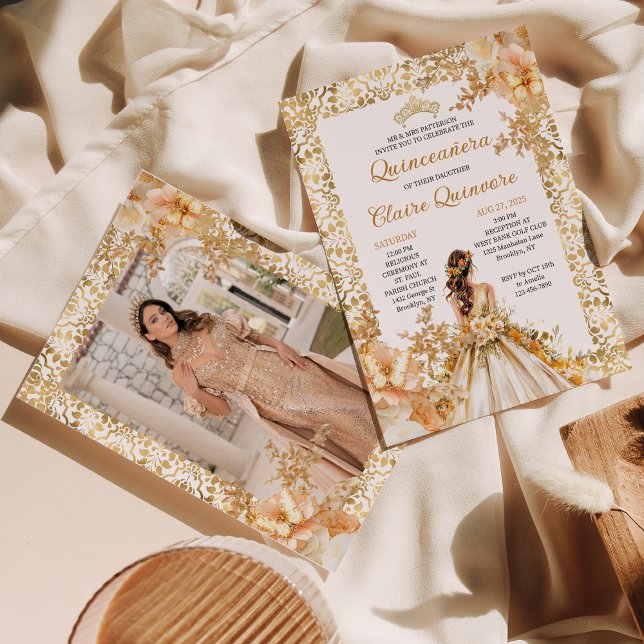 Radiant Bloom Floral Princess Foto Quinceanera Einladung (Von Creator hochgeladen)