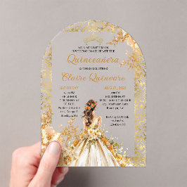 Radiant Bloom Floral Princess Gold Quinceanera Acryleinladungen
