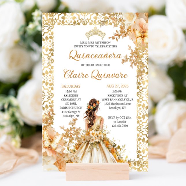 Radiant Bloom Floral Princess Gold Quinceanera Einladung (Von Creator hochgeladen)